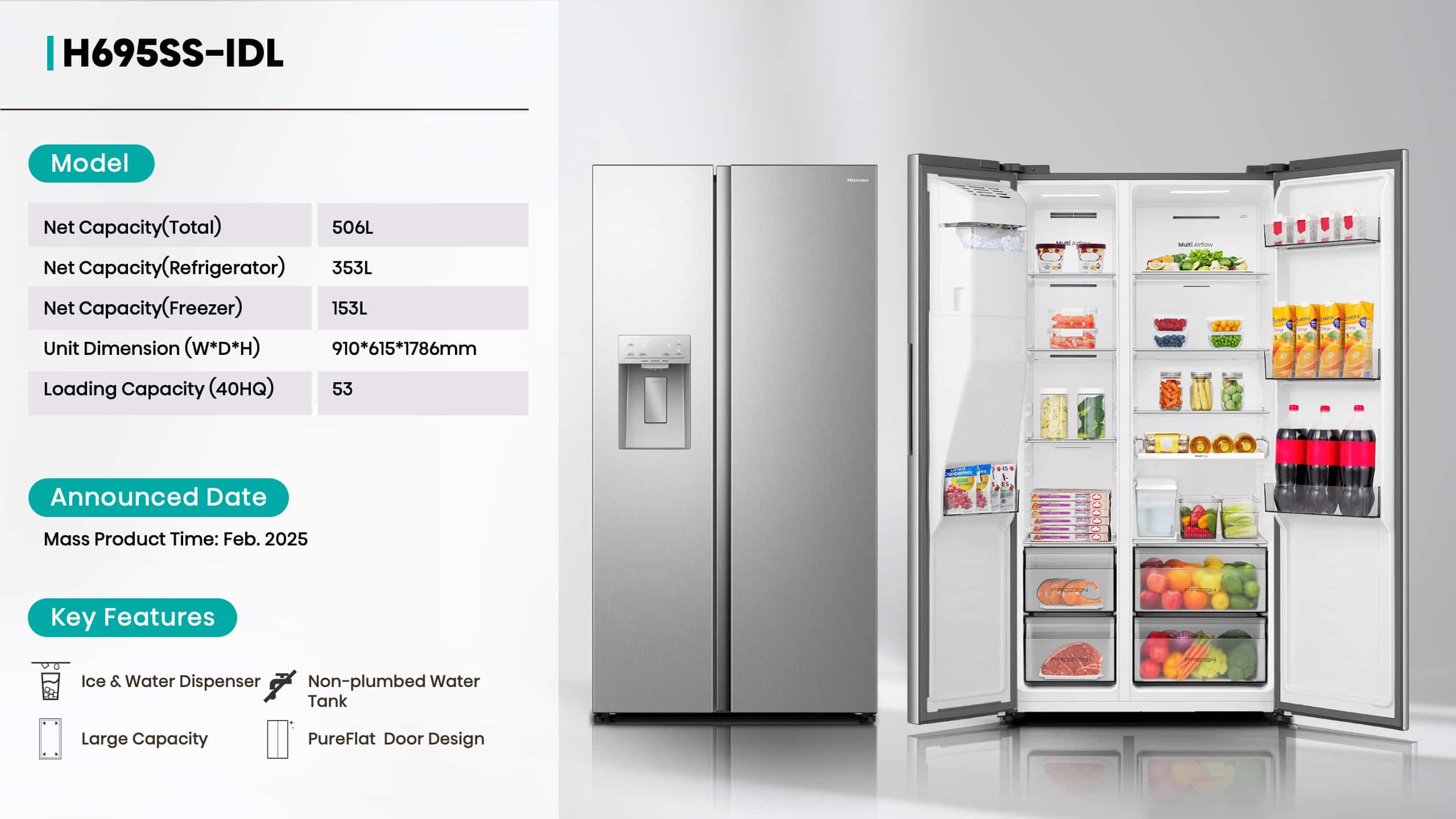 Hisense H695SS-IDL | 506L Silver Side By Side Refrigerator