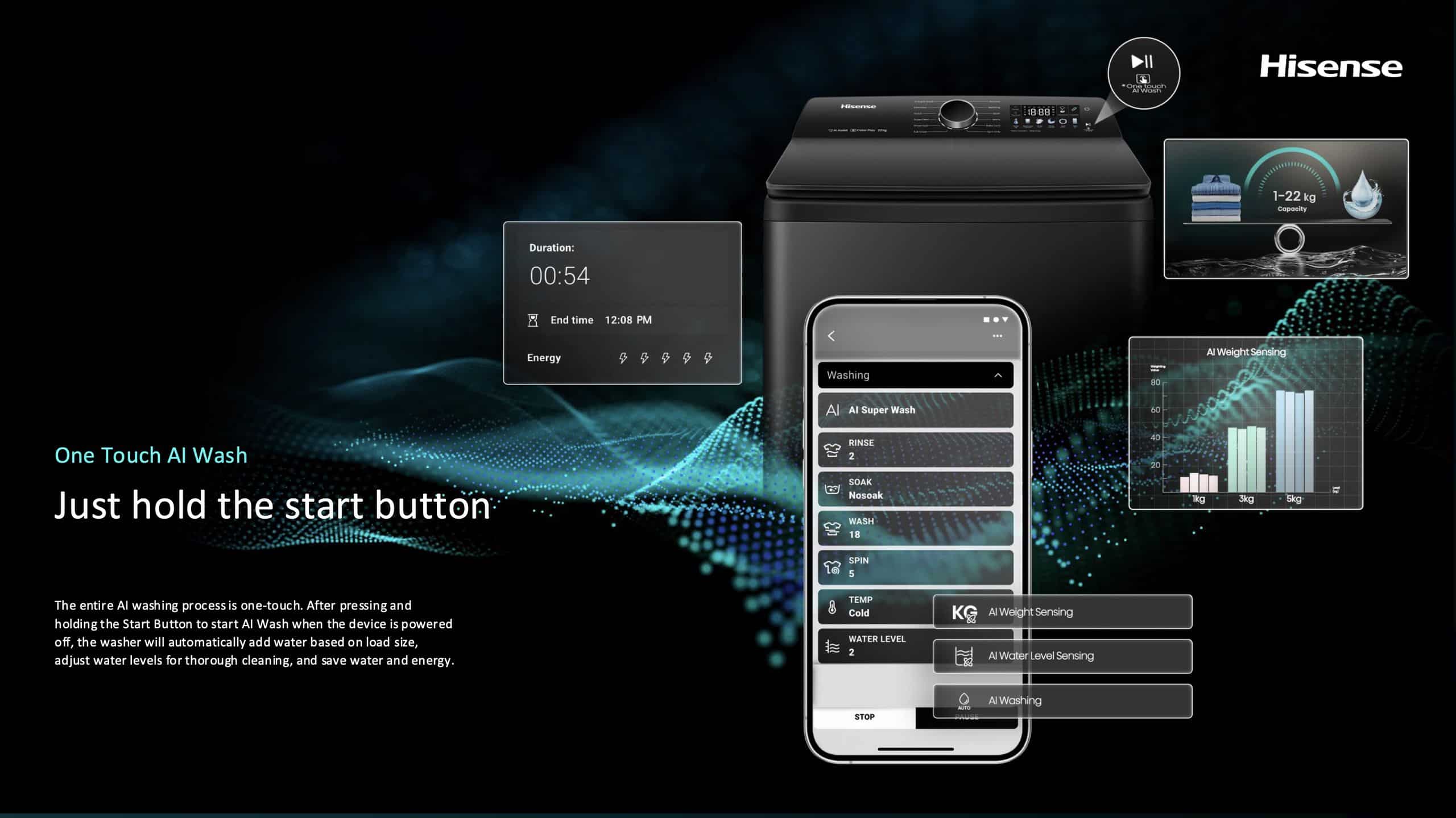Hisense WT7I2225DB | 22kg Black Premium Colour Display Top Loader feature banner